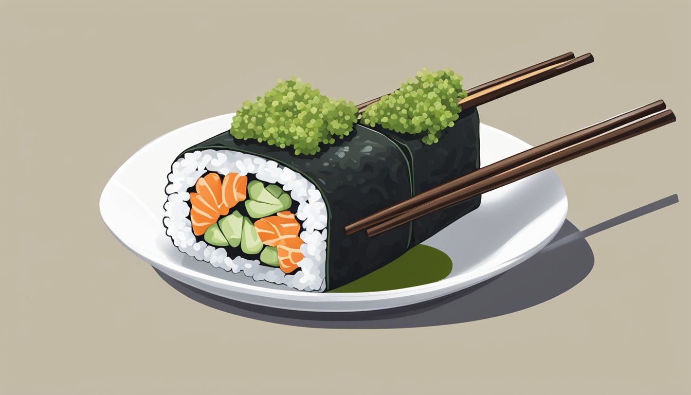 A pair of chopsticks lifting a nori roll towards a mouth, with a small dish of soy sauce and a dollop of wasabi on the side