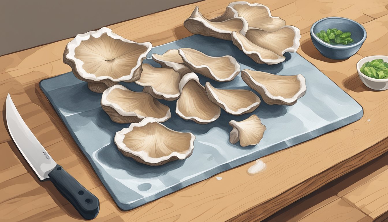 An oyster mushroom sits on a cutting board surrounded by a knife, cutting board, and a bowl of water