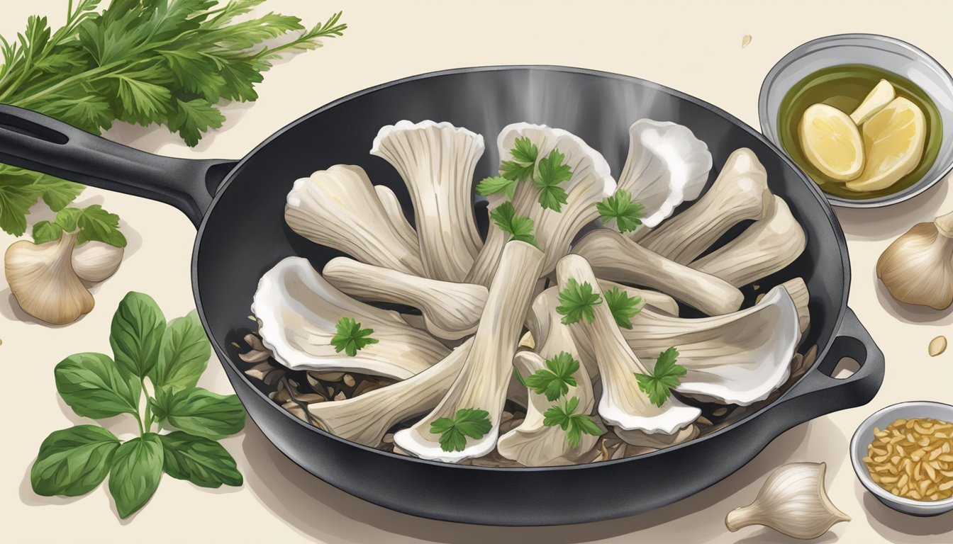 An oyster mushroom being sliced and sautéed in a pan with garlic and herbs