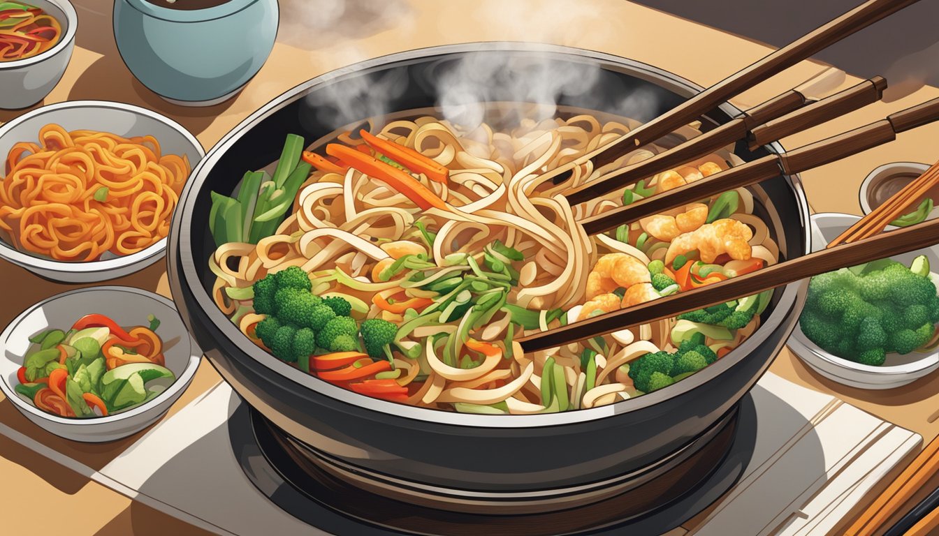 A steaming wok sizzles with thick udon noodles, colorful vegetables, and savory sauce, emitting a mouthwatering aroma