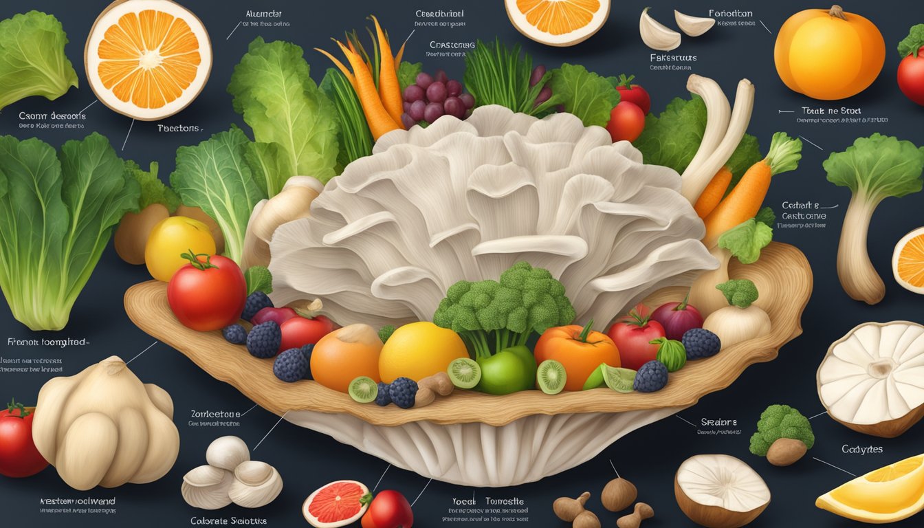 An oyster mushroom surrounded by a variety of colorful fruits and vegetables, with a nutritional information label next to it