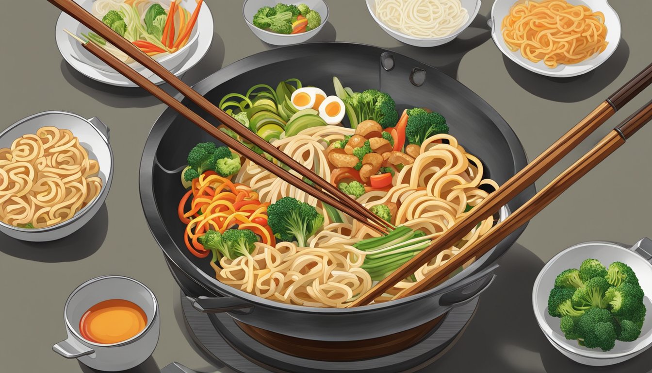 A wok sizzling with udon noodles, colorful vegetables, and savory sauce being stirred with a pair of chopsticks