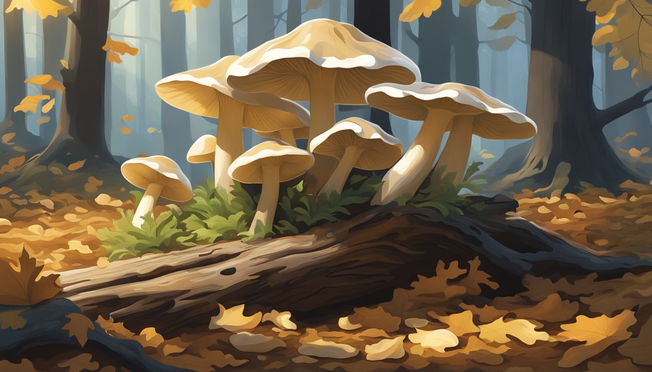 A cluster of oyster mushrooms growing on a decaying log, surrounded by fallen leaves and dappled sunlight filtering through the forest canopy