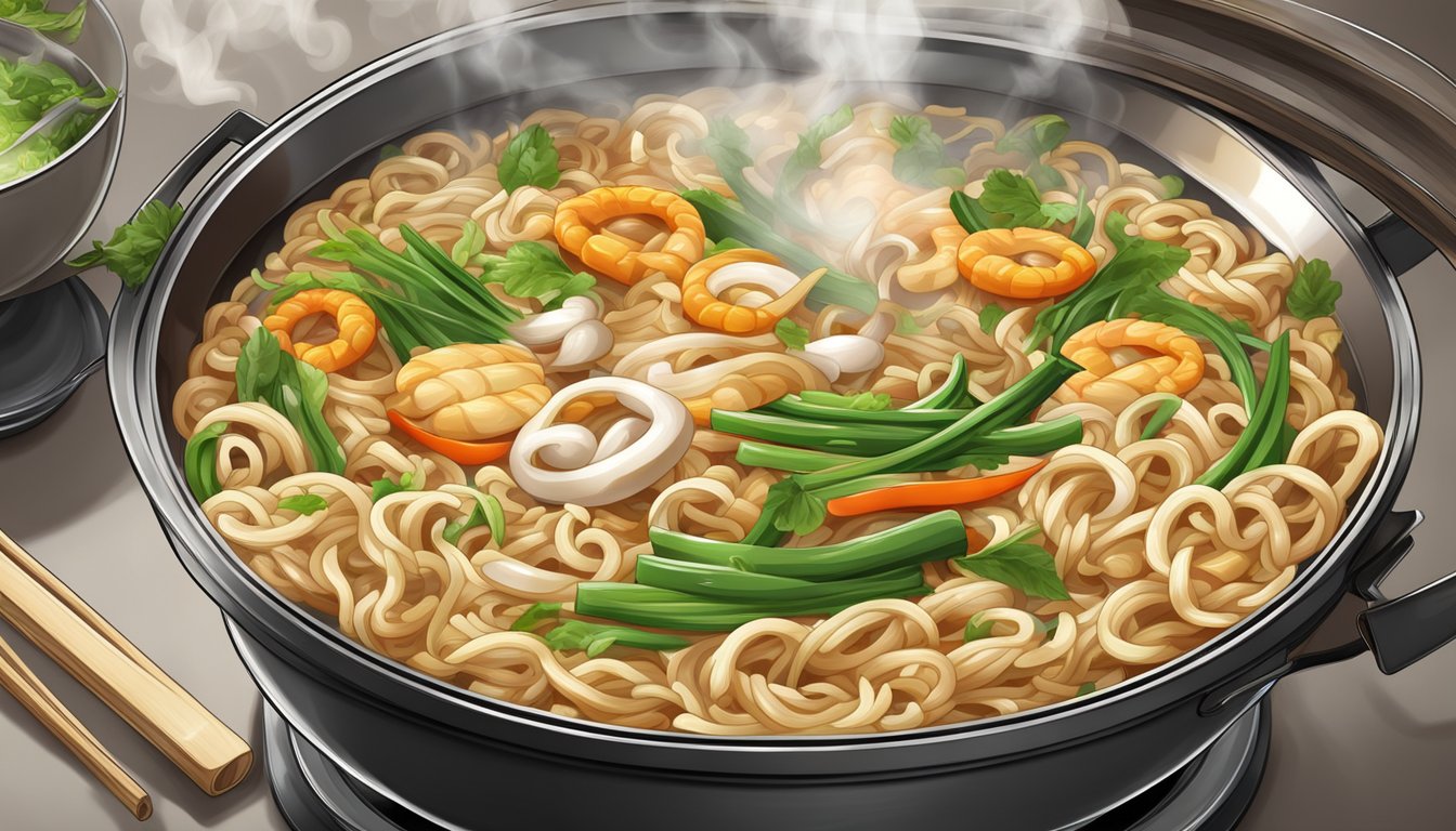 Udon noodles sizzling in a wok with vegetables and sauce, steam rising