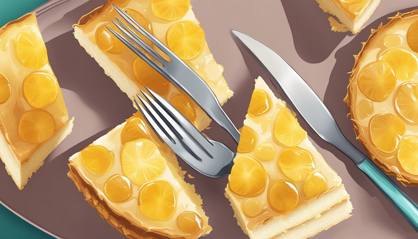 A slice of upside-down pineapple cake being lifted with a fork, with the pineapple and caramelized topping facing upwards