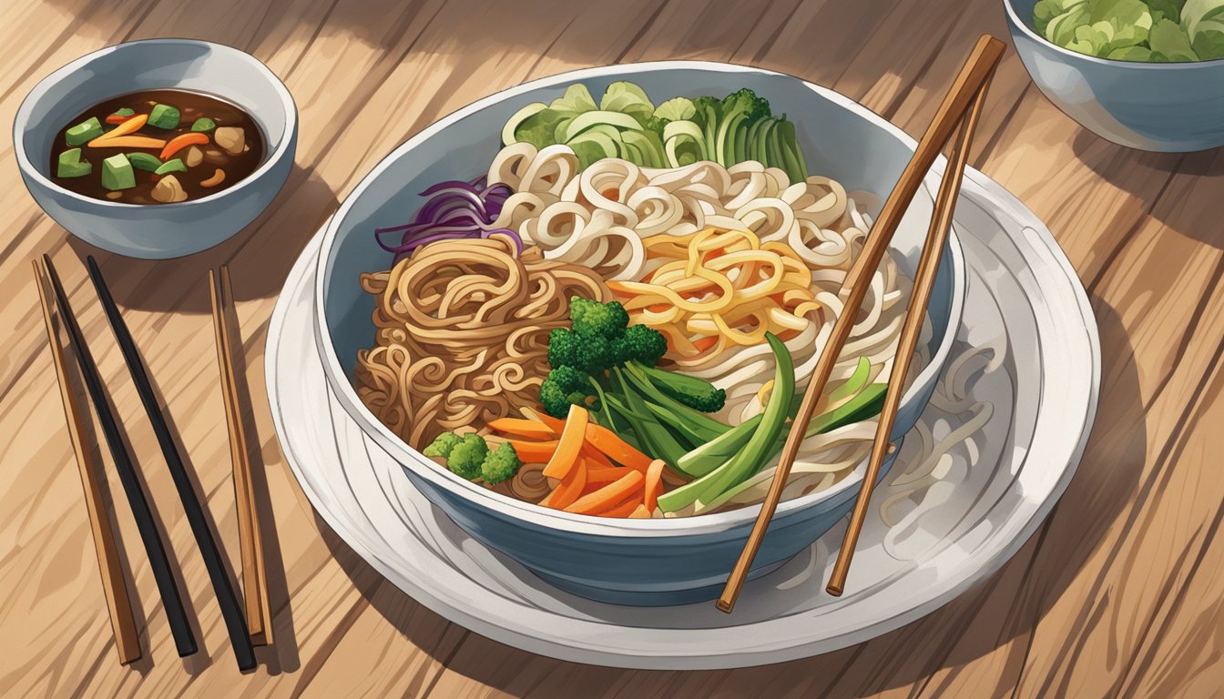 A steaming bowl of udon stir fry sits on a wooden table, surrounded by chopsticks and a small dish of soy sauce. Steam rises from the dish, and the noodles are mixed with colorful vegetables and savory sauce