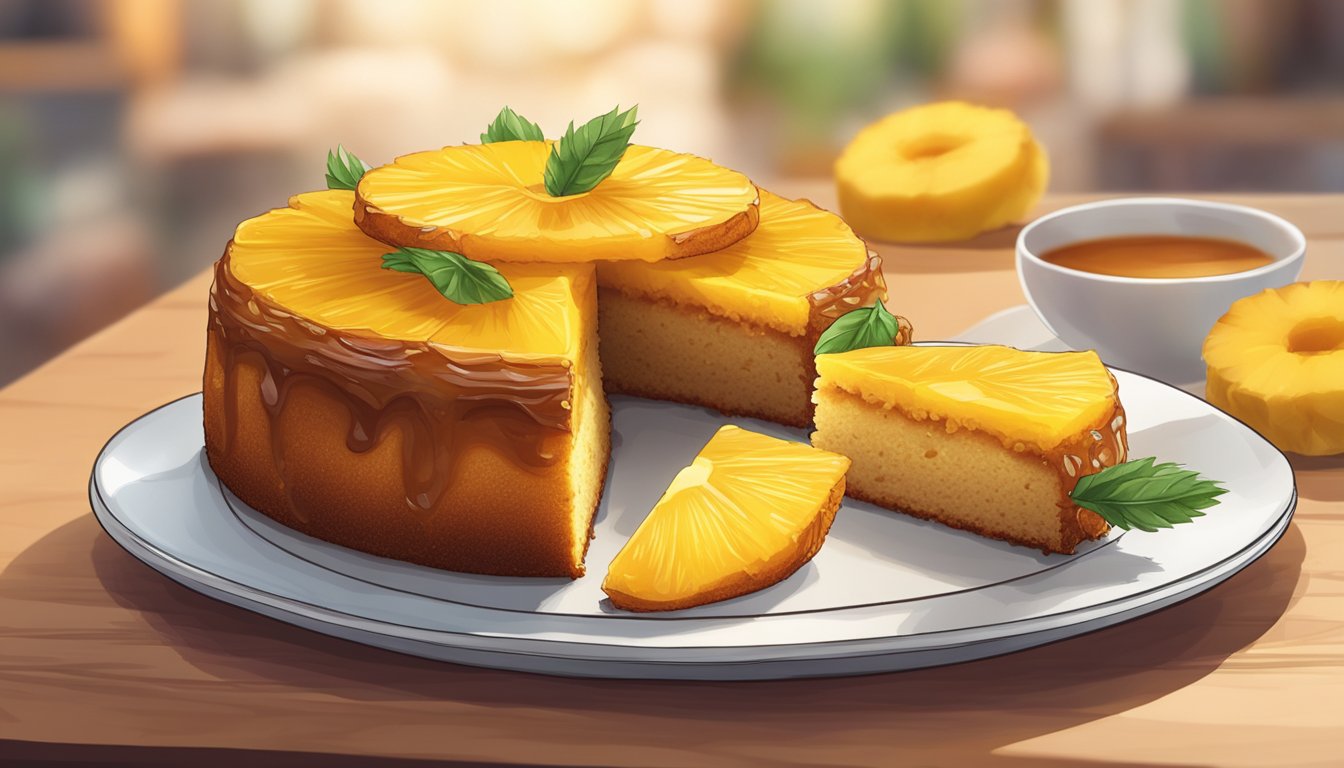 A slice of upside down pineapple cake being lifted from a plate, with caramelized pineapple rings and a golden-brown cake layer underneath