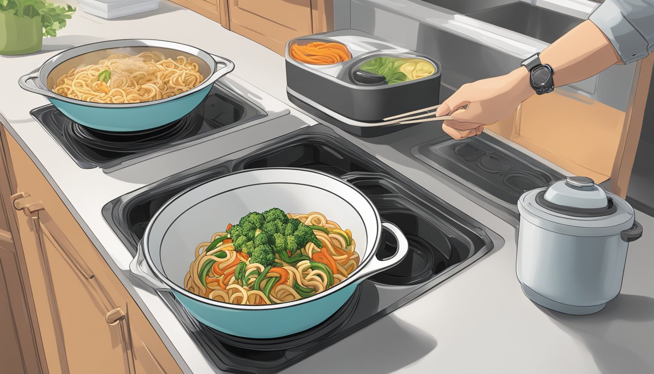 A steaming bowl of udon stir fry sits on a kitchen counter, next to a stack of microwave-safe containers. A hand reaches for a lid to cover the leftovers