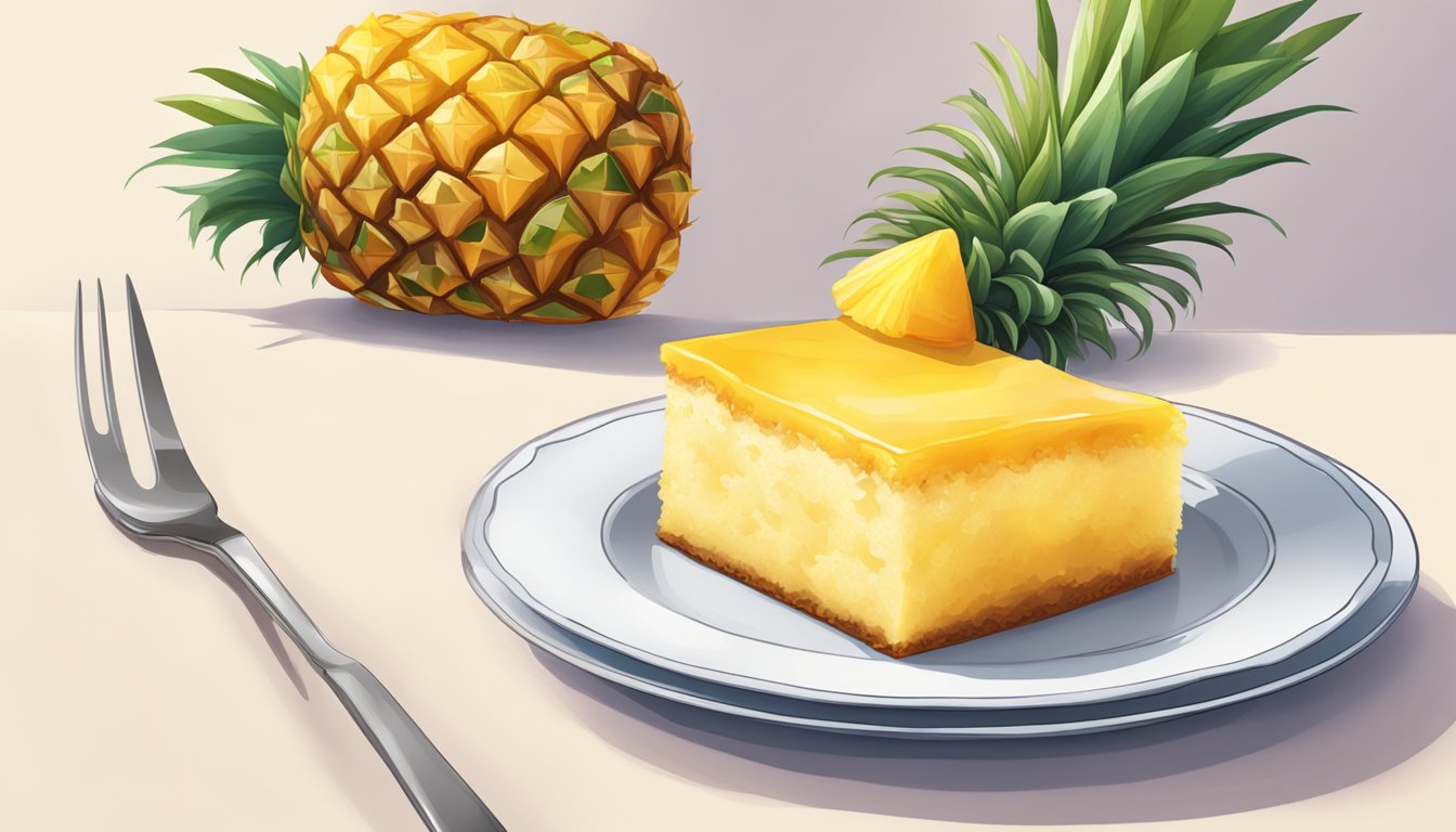 A slice of upside down pineapple cake on a plate with a fork