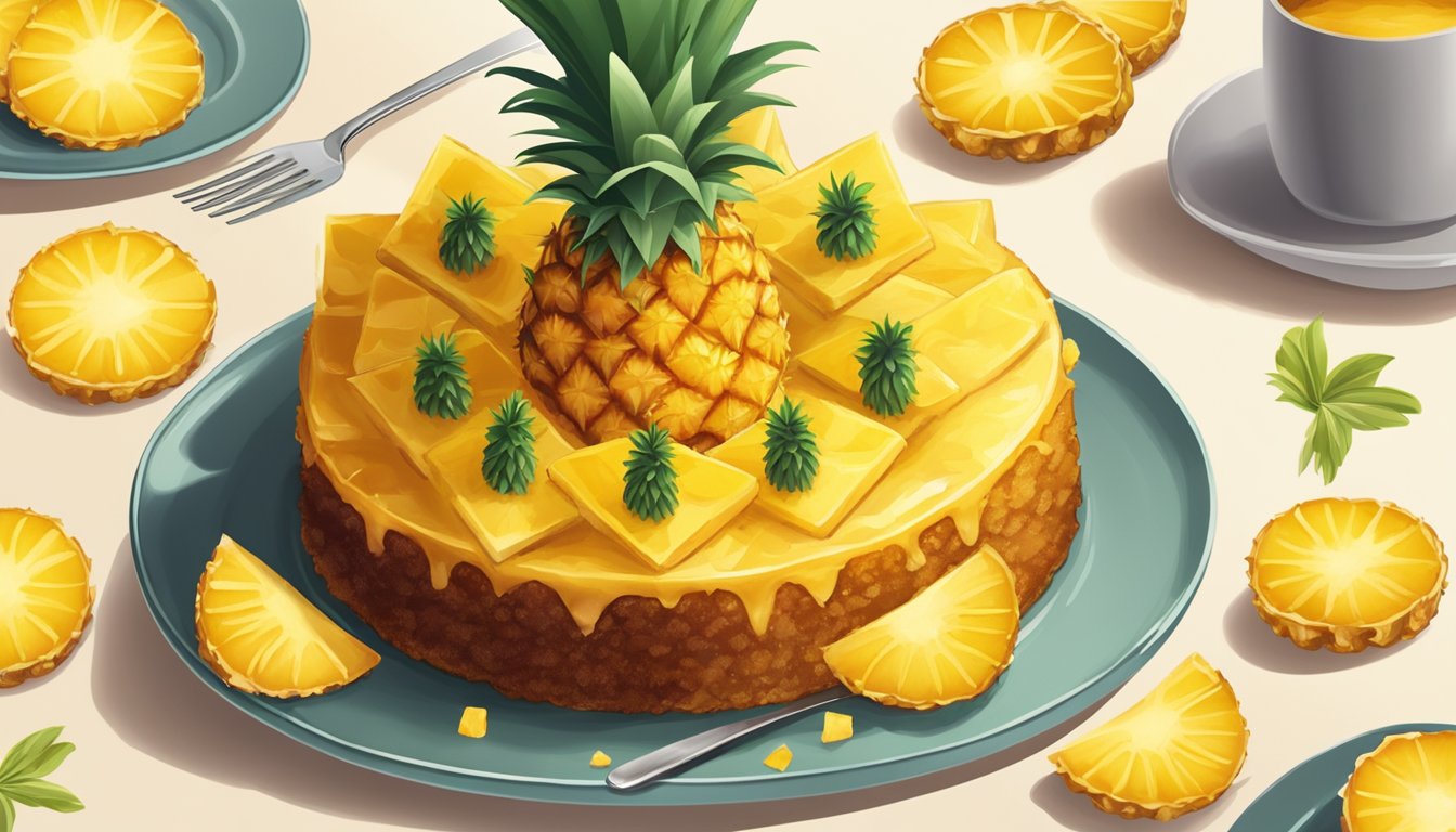 An upside-down pineapple cake sits on a plate, with a fork cutting into it. The golden caramelized pineapple slices glisten on top of the moist, yellow cake