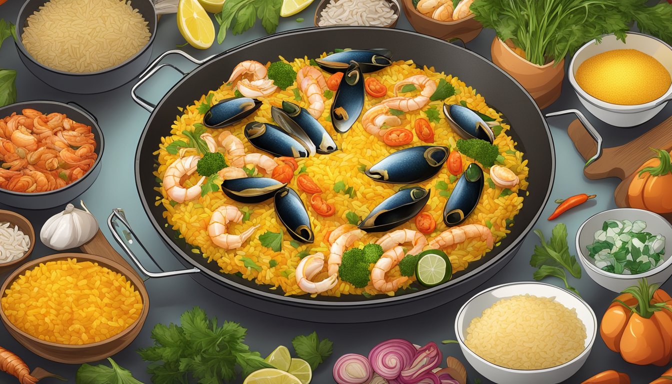 A large paella pan filled with rice, saffron, seafood, and vegetables, surrounded by various ingredient substitutes