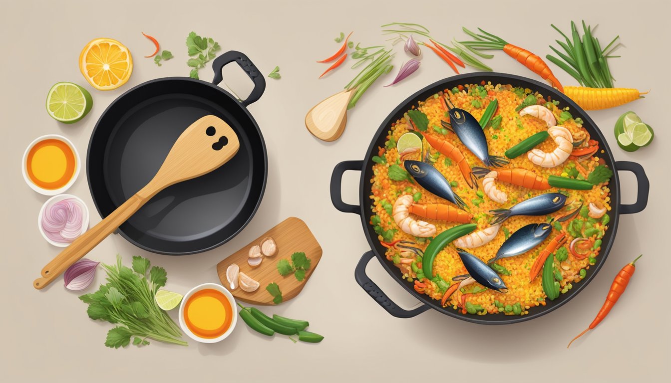 A large paella pan sizzles over an open flame, filled with a colorful mix of rice, seafood, and vegetables. A chef uses a large wooden spoon to stir the ingredients together, infusing the dish with rich flavors