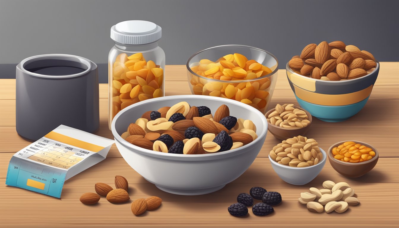 A bowl of assorted nuts and dried fruits arranged on a wooden table, with a measuring cup and nutrition labels nearby