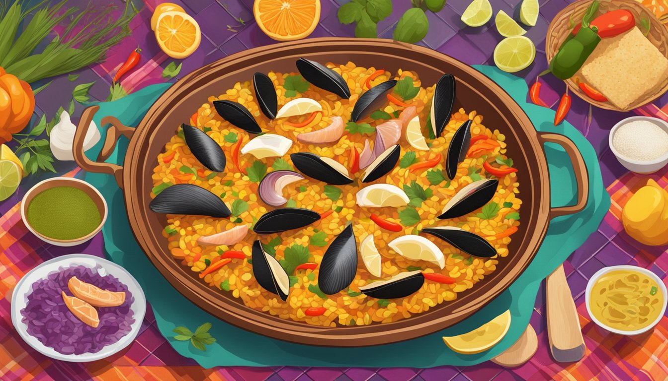 A steaming paella dish sits on a colorful tablecloth, surrounded by vibrant ingredients and traditional Spanish utensils