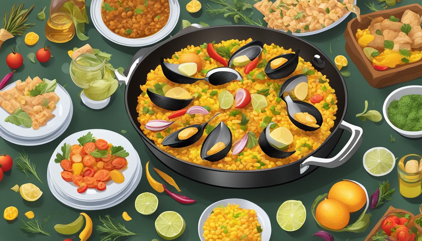 A steaming paella pan surrounded by colorful ingredients and various accompaniments on a table set for a festive meal