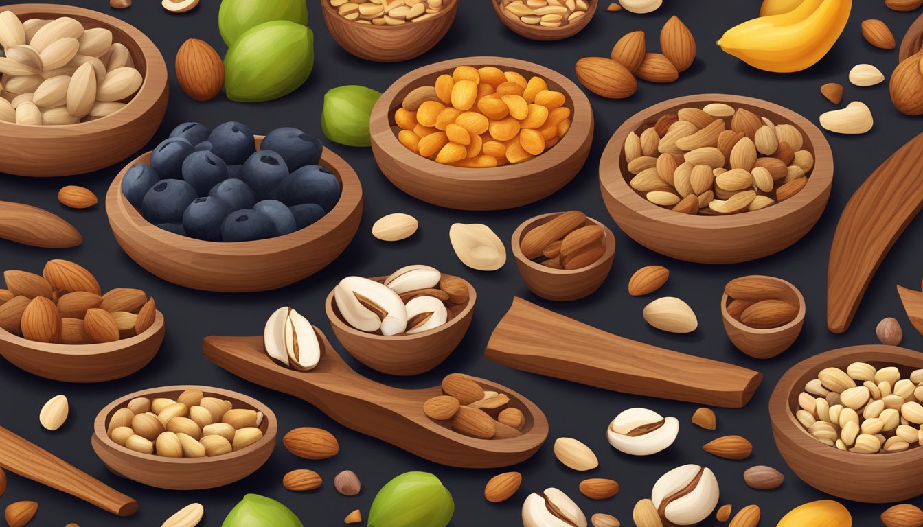 A variety of nuts and dried fruits scattered on a wooden table, surrounded by small bowls and spoons