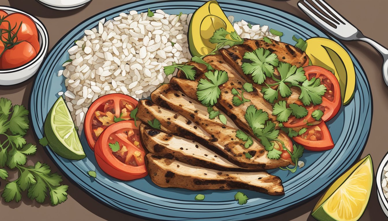 A colorful plate with sliced nopalitos mixed with tomatoes, onions, and cilantro, served alongside grilled chicken and rice