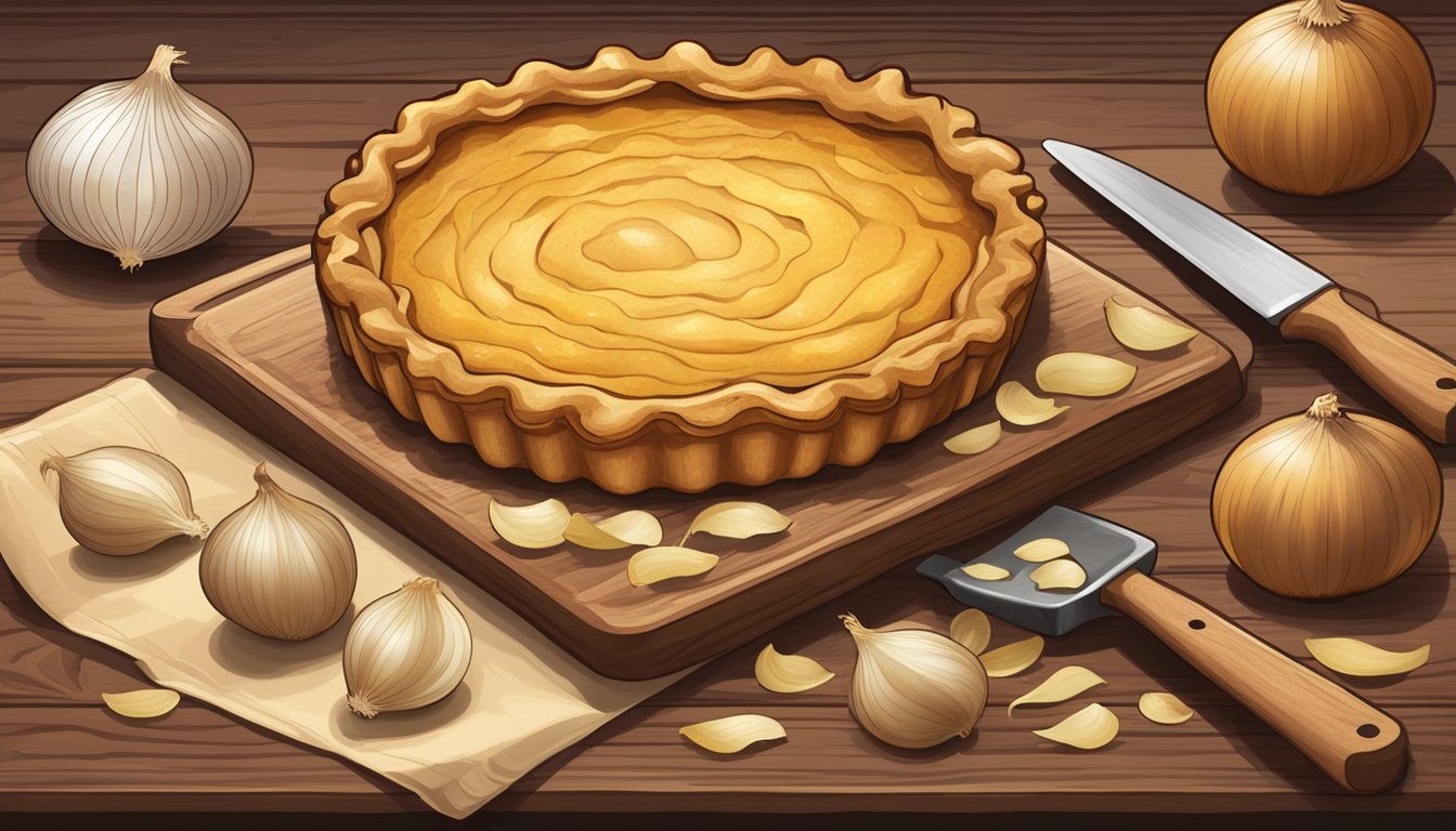 A rustic kitchen table with a golden-brown onion tart resting on a wooden cutting board, surrounded by scattered onion peels and a rolling pin