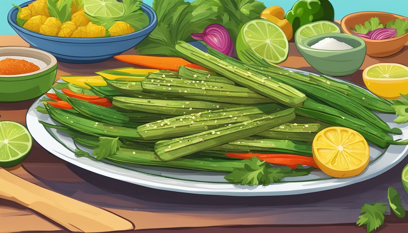 A plate of grilled nopalitos topped with lime and salt, surrounded by colorful vegetables and a fork nearby