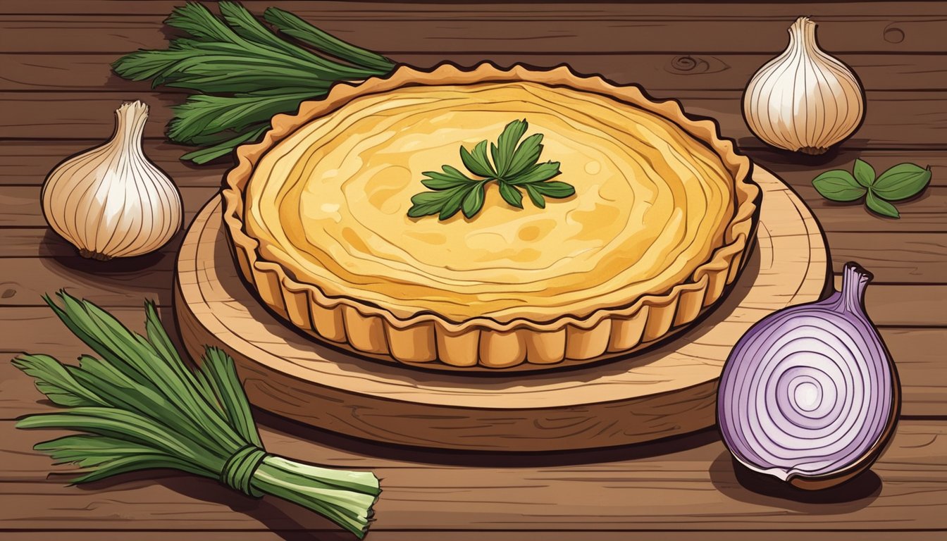 An onion tart sits on a rustic wooden table, surrounded by fresh onions, eggs, and herbs. A rolling pin and pastry cutter lay nearby