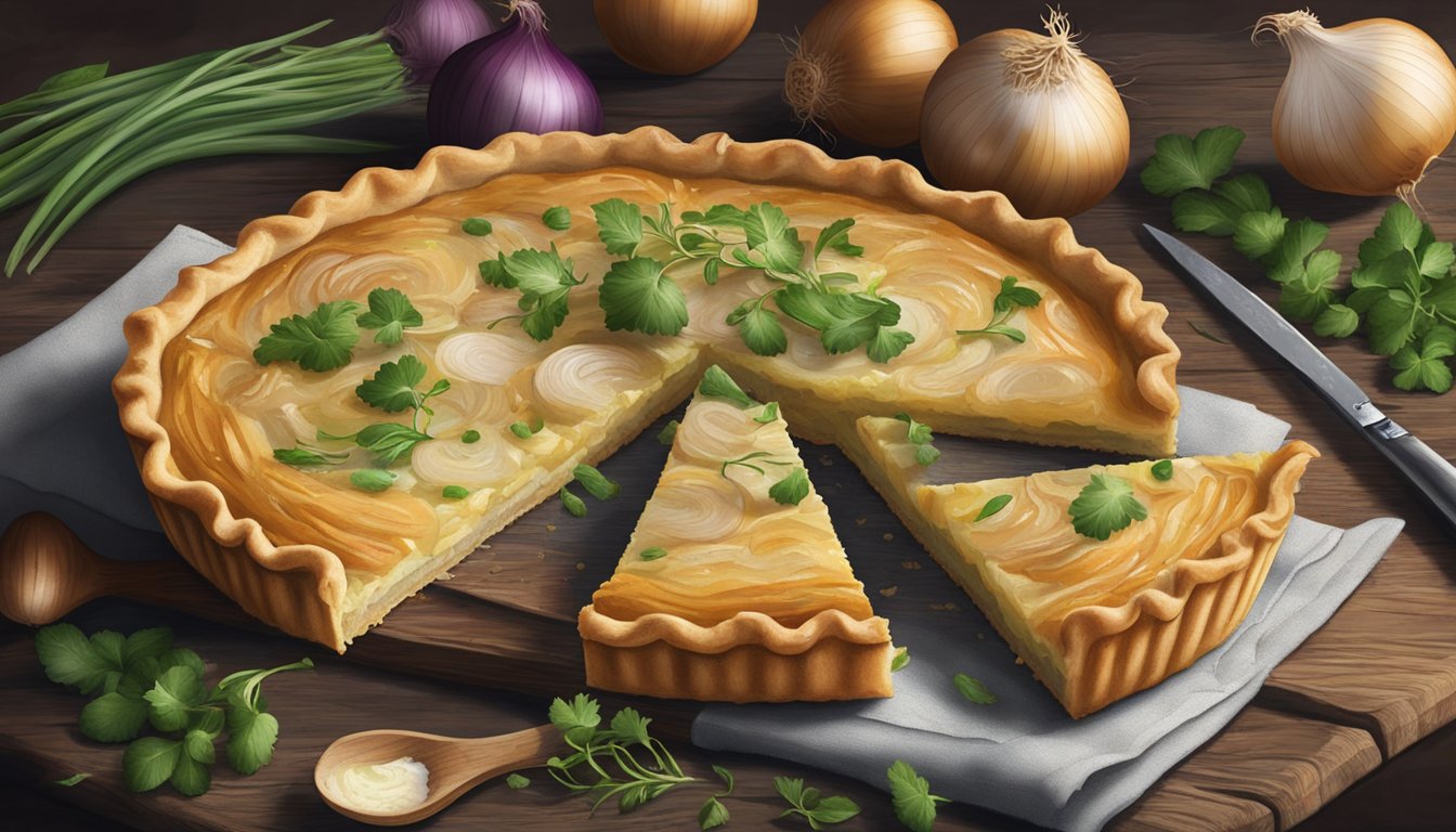 An onion tart sits on a rustic wooden table, surrounded by scattered herbs and a vintage knife. A fork is poised to take a bite