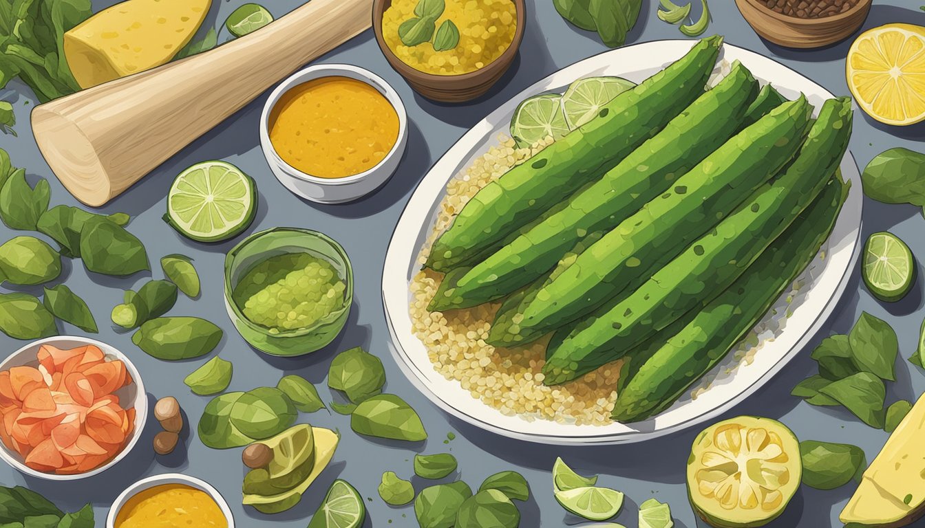 A nopalito being sliced and seasoned with various flavor enhancers, surrounded by ingredients for potential pairings