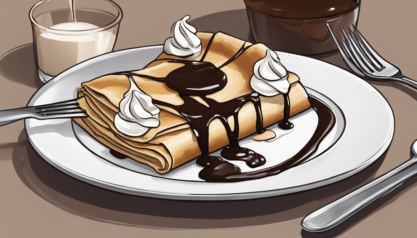 A Nutella crepe sits on a white plate, drizzled with chocolate sauce and topped with a dollop of whipped cream. A fork rests beside it, ready to be used