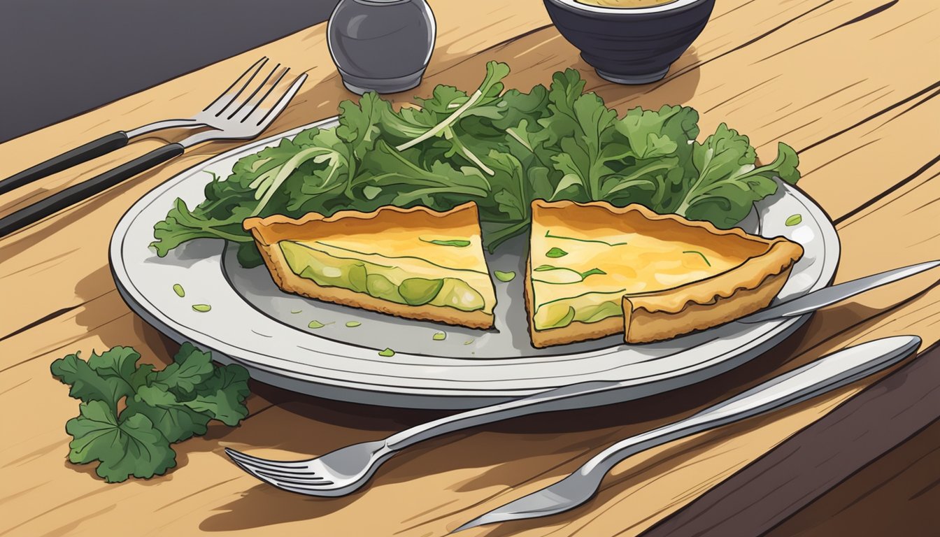 A slice of onion tart on a rustic plate with a side of mixed greens and a fork beside it