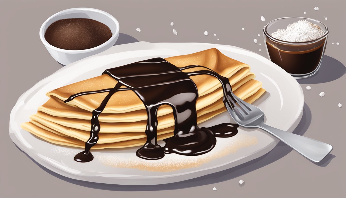 A Nutella crepe being folded and topped with powdered sugar and a drizzle of chocolate sauce