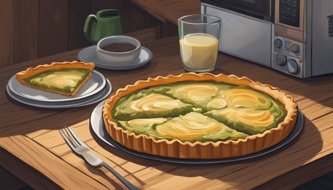 An onion tart sits on a rustic wooden table with a fork beside it. A microwave and refrigerator are nearby