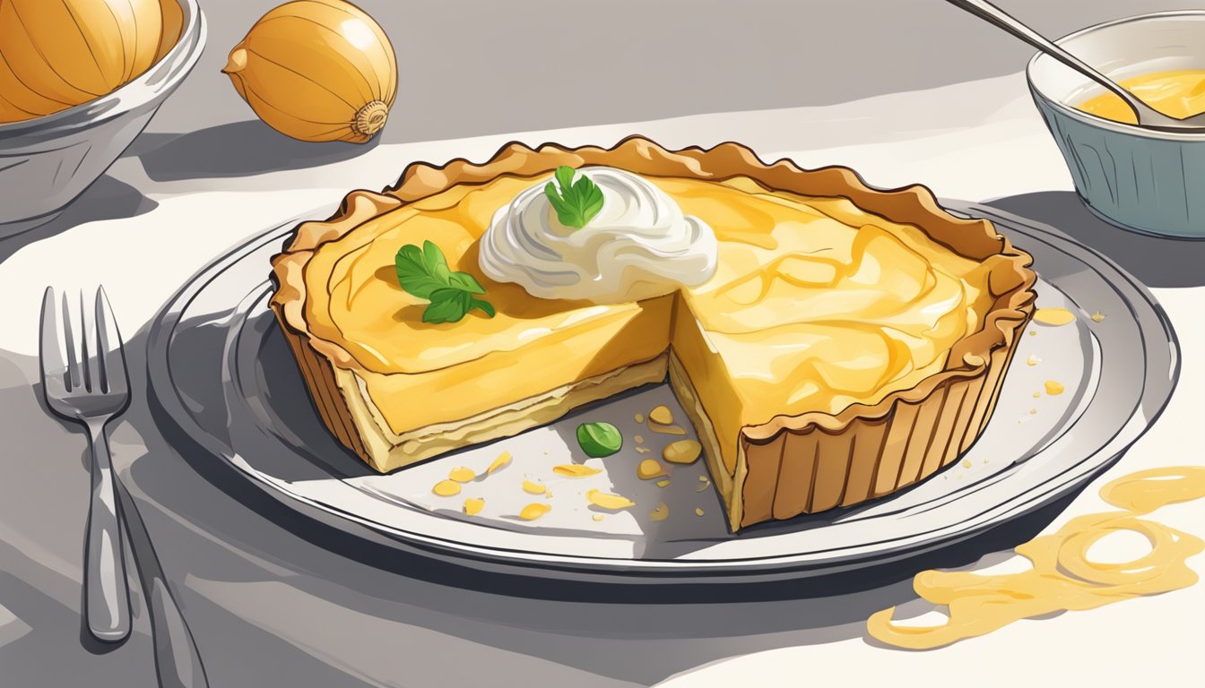 A fork slicing into a golden, flaky onion tart, steam rising from the savory filling. A dollop of creamy sauce sits beside the tart