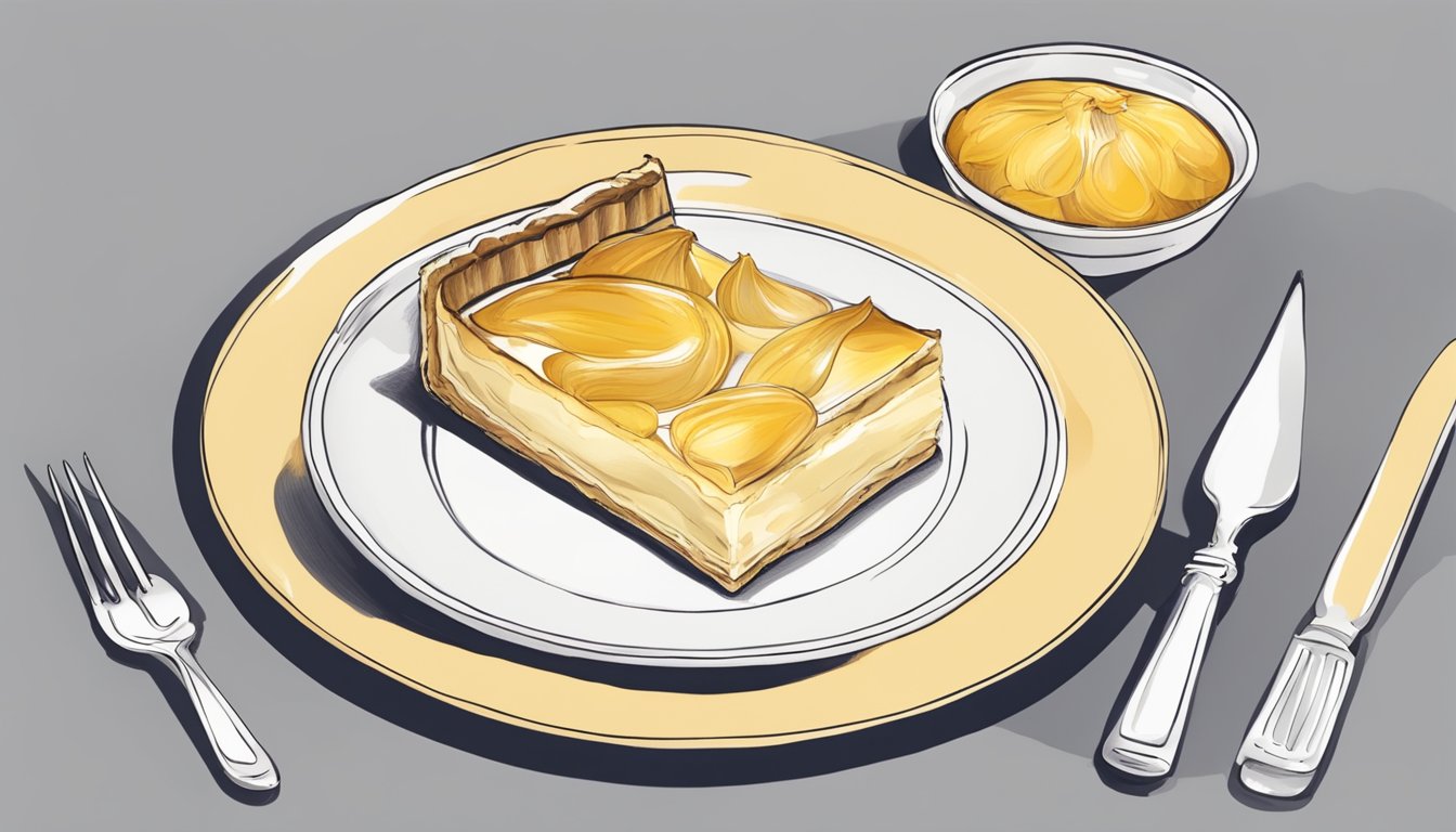 A table set with a delicate porcelain plate holding a golden, flaky onion tart. A small fork rests beside it, ready to be used