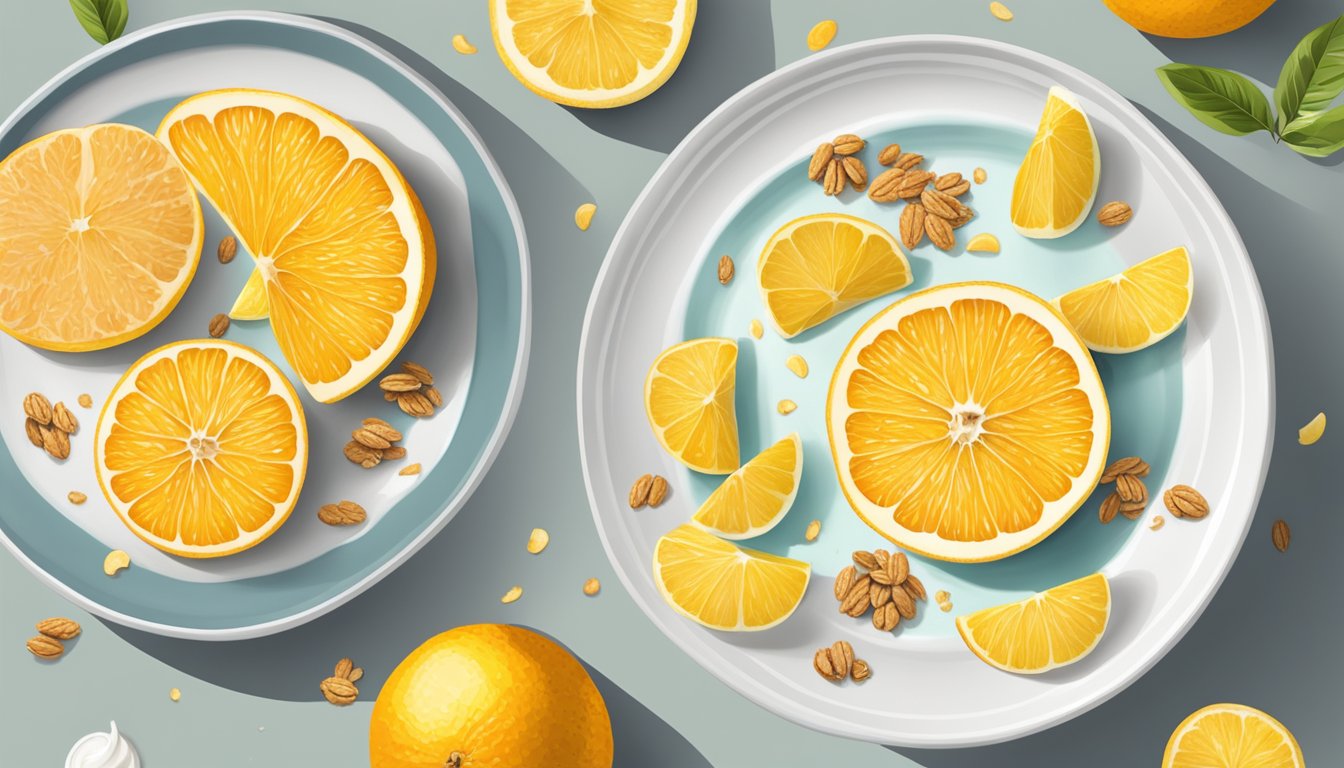 A colorful array of sliced ugli fruit arranged on a plate, with a bowl of yogurt and a sprinkling of granola alongside