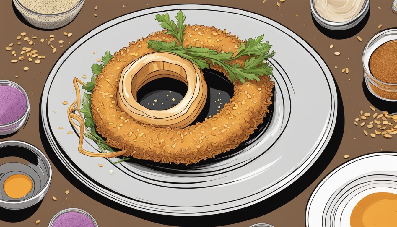 An onion ring sits on a plate, surrounded by a sprinkle of seasoning and a dollop of flavorful dipping sauce