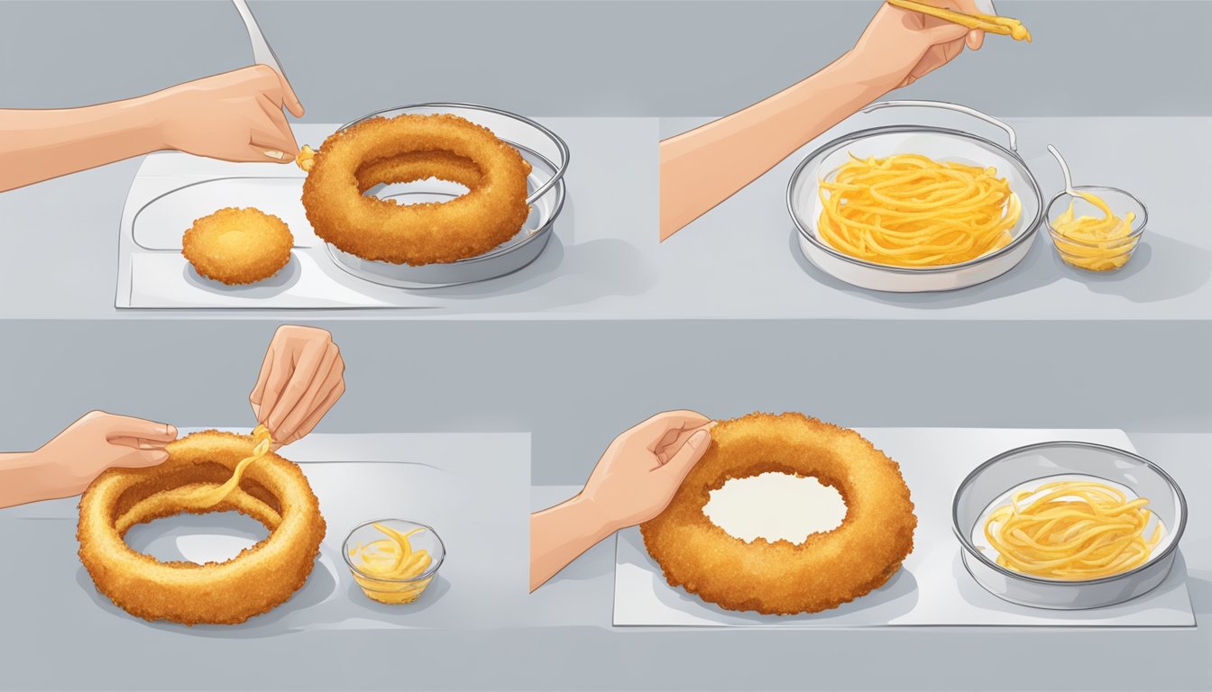 An onion ring being dipped in batter, then deep-fried until golden and crispy