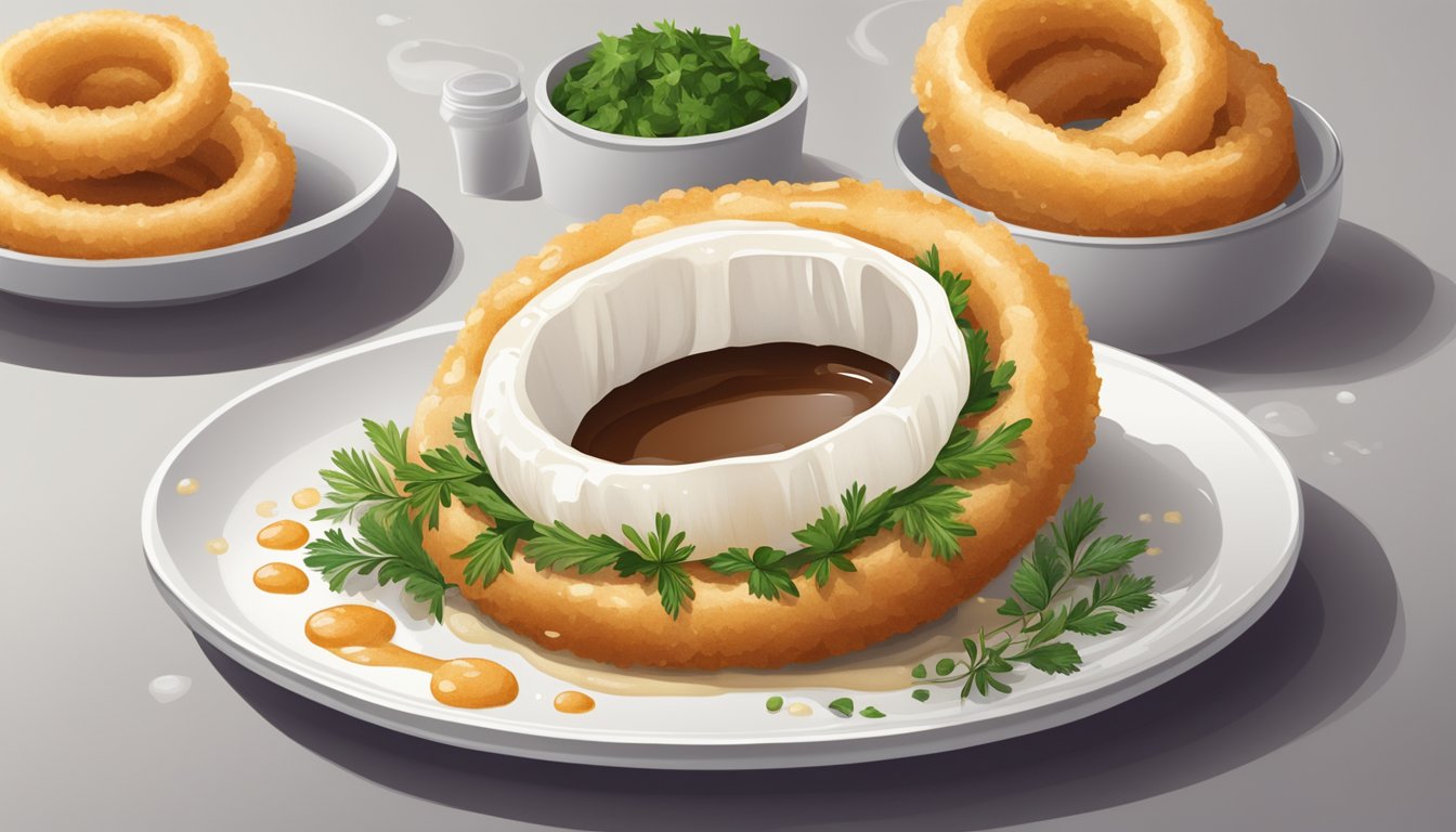 An onion ring resting on a white plate, surrounded by a drizzle of sauce and a sprinkle of herbs