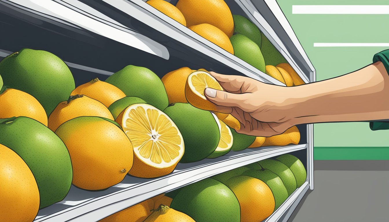 A hand reaching for an ugli fruit on a supermarket shelf