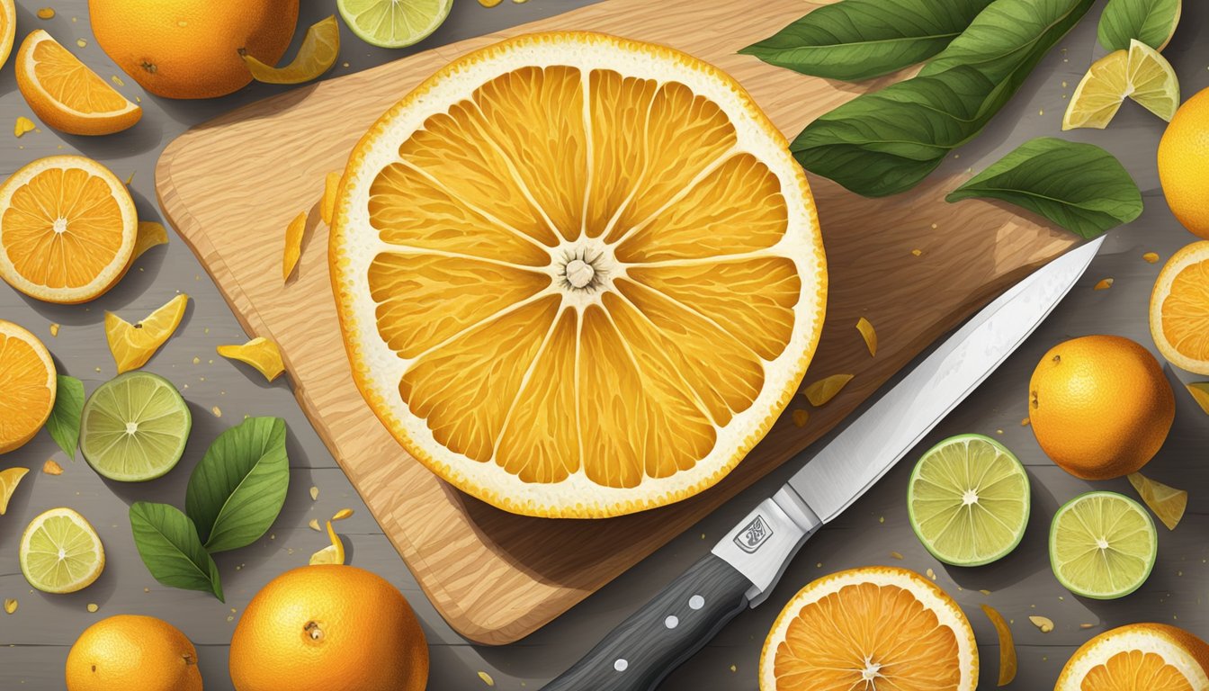 A ripe ugli fruit sits on a wooden cutting board, surrounded by scattered citrus peels. A knife is poised to slice into the vibrant, speckled skin