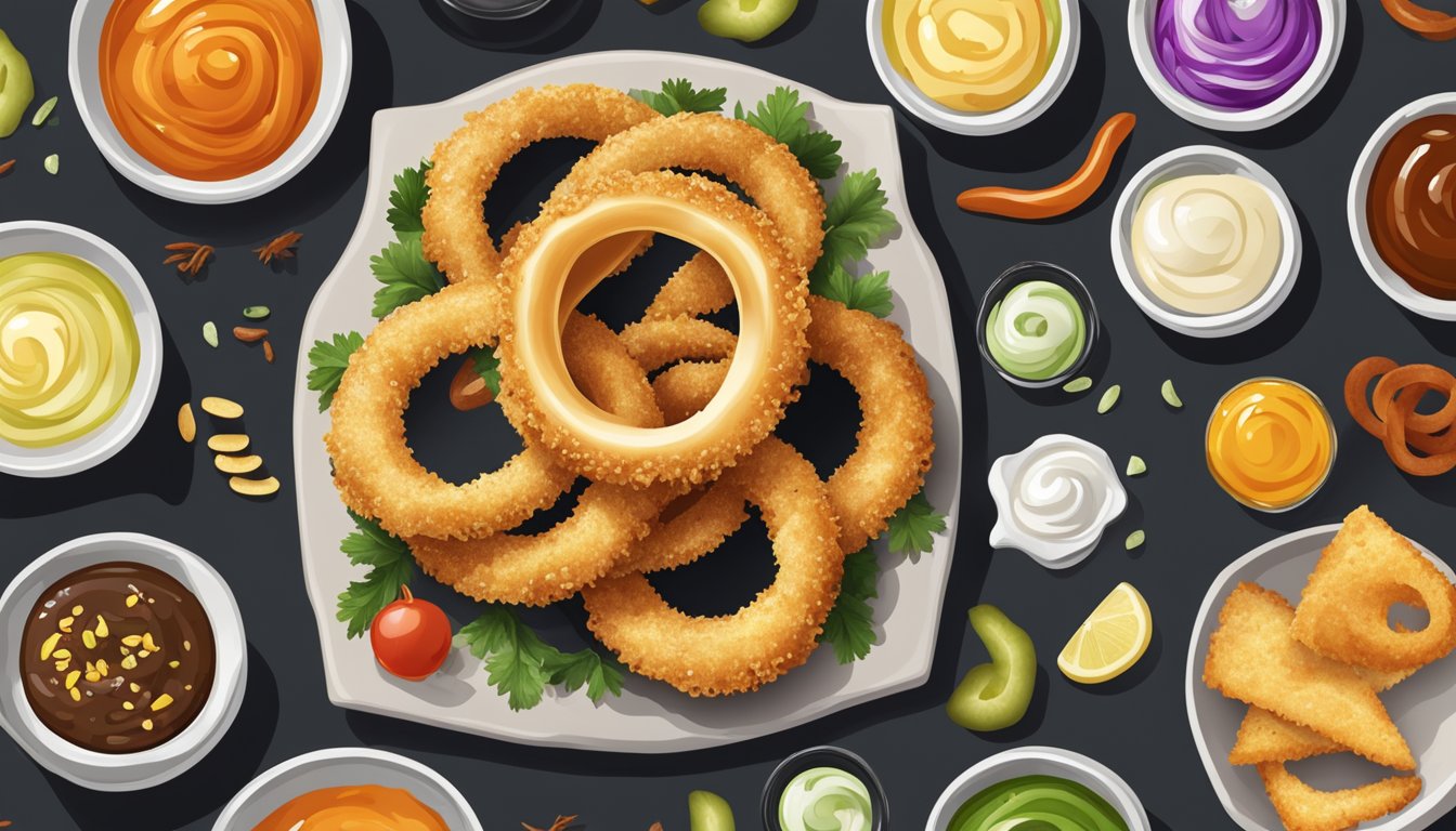 An onion ring being dipped into a variety of sauces, surrounded by different toppings and seasonings