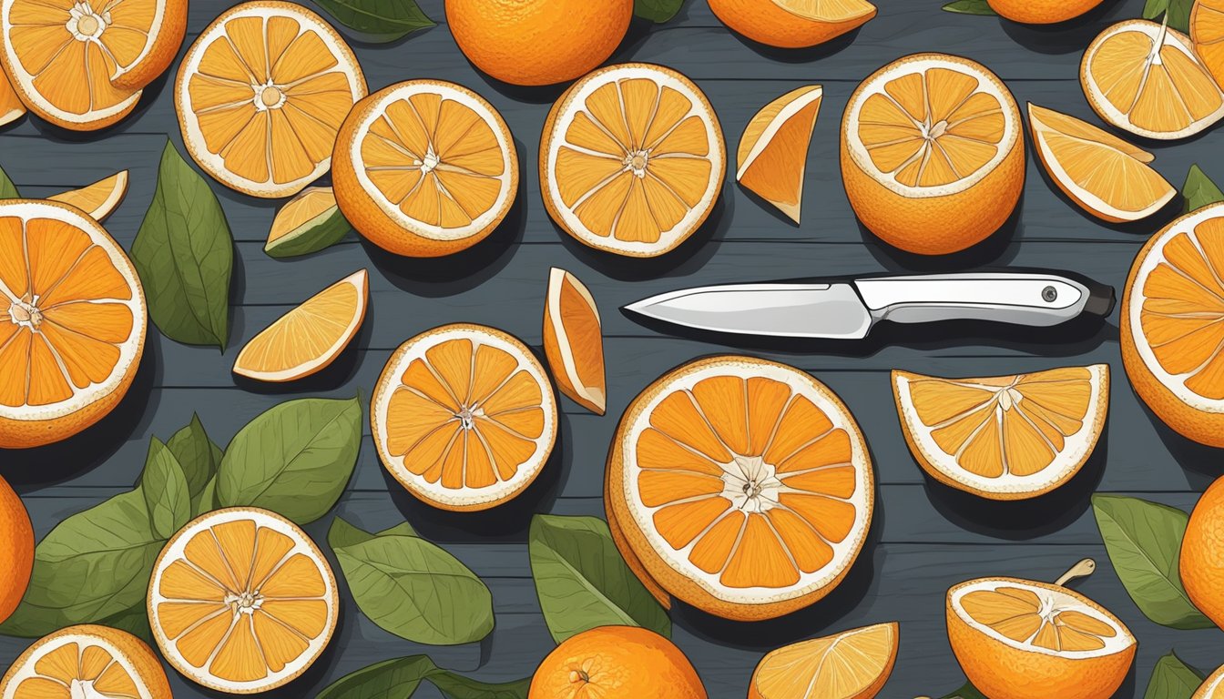 A ripe orange placed on a wooden cutting board, surrounded by scattered orange peels and a small knife