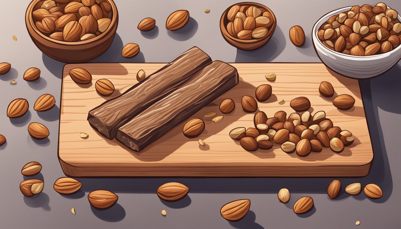 A nut bar lies on a wooden cutting board, surrounded by scattered nuts and seeds. A hand reaches for it, ready to take a bite