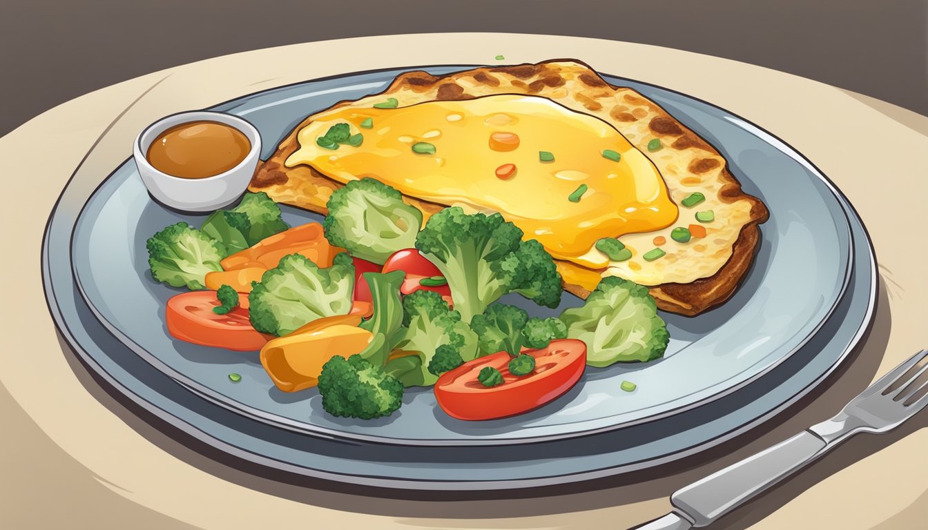 A sizzling omelet with melted cheese and colorful vegetables on a plate, ready to be enjoyed for breakfast or brunch