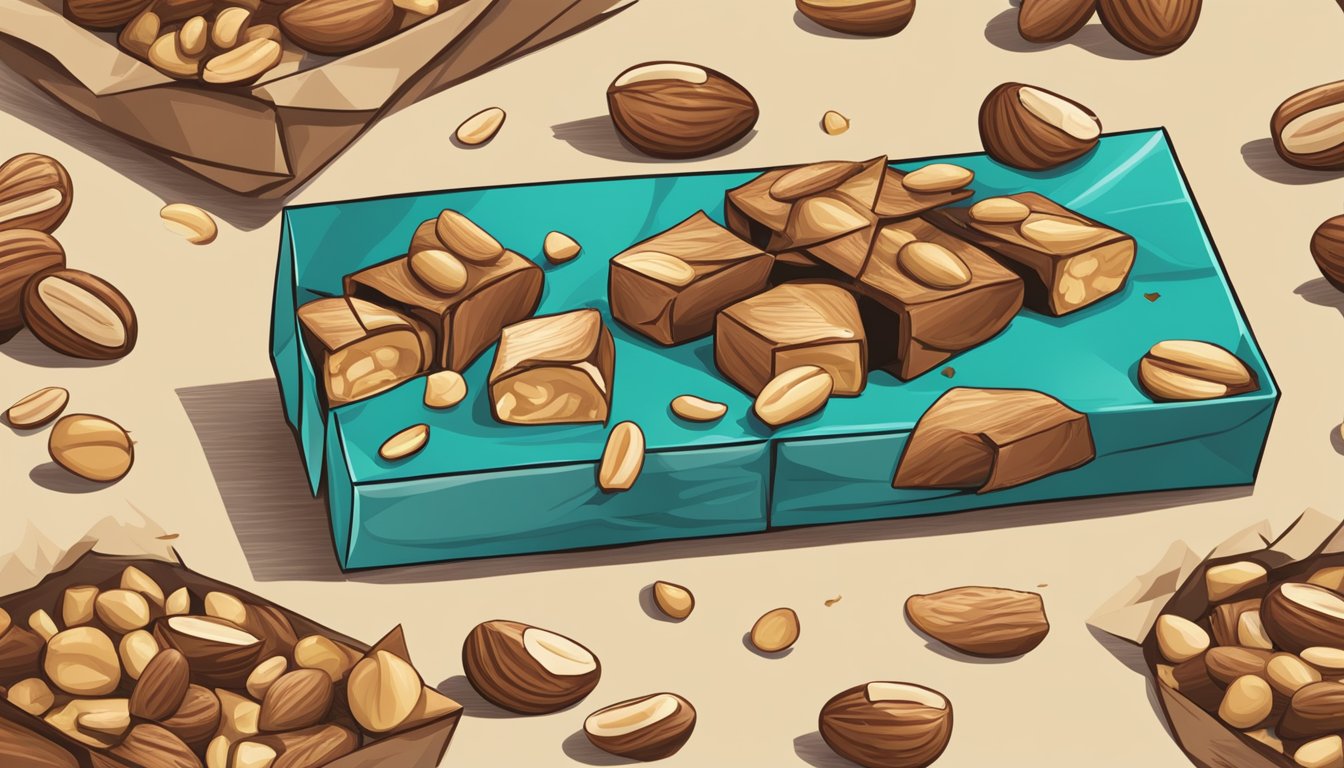 A nut bar being unwrapped and broken into bite-sized pieces