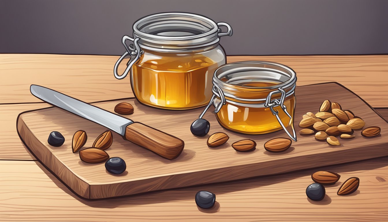 A nut bar sits on a wooden cutting board next to a knife and a jar of honey. A small dish of mixed nuts and dried fruit sits nearby