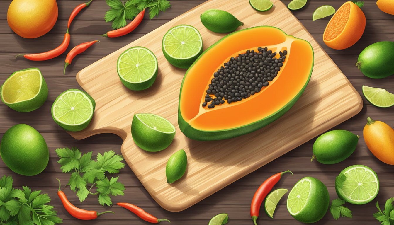 A ripe papaya sits on a wooden cutting board surrounded by fresh ingredients like lime, cilantro, and chili peppers