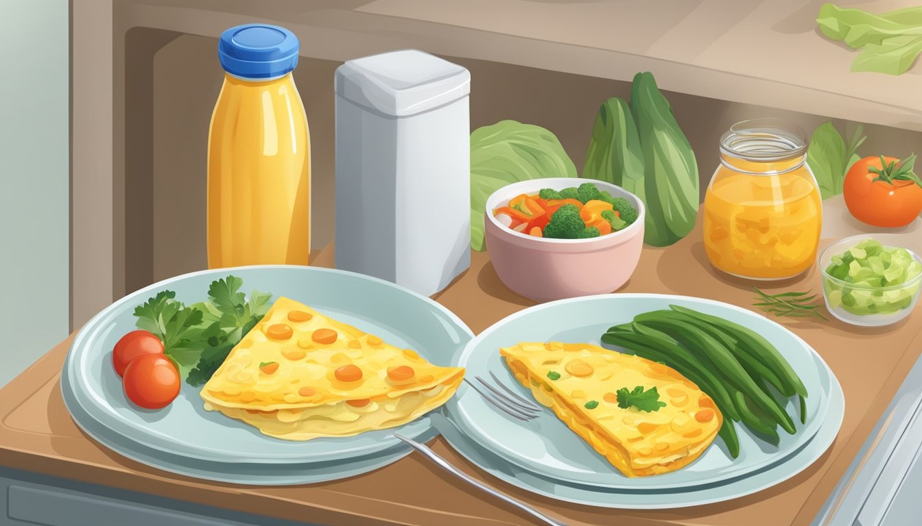 A plate with a cheese and vegetable omelet, alongside a container of leftovers being stored in the refrigerator