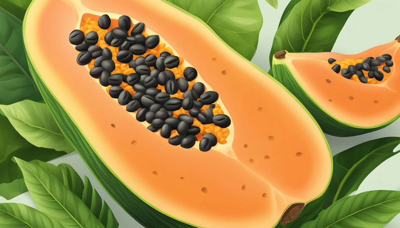 A ripe papaya sliced open, revealing its vibrant orange flesh and black seeds. The juicy fruit is surrounded by lush green leaves and a few fallen seeds