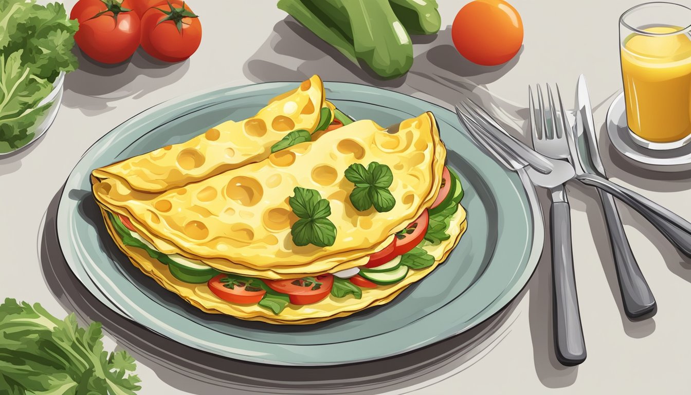 An omelet with cheese and vegetables on a plate, accompanied by a fork and knife