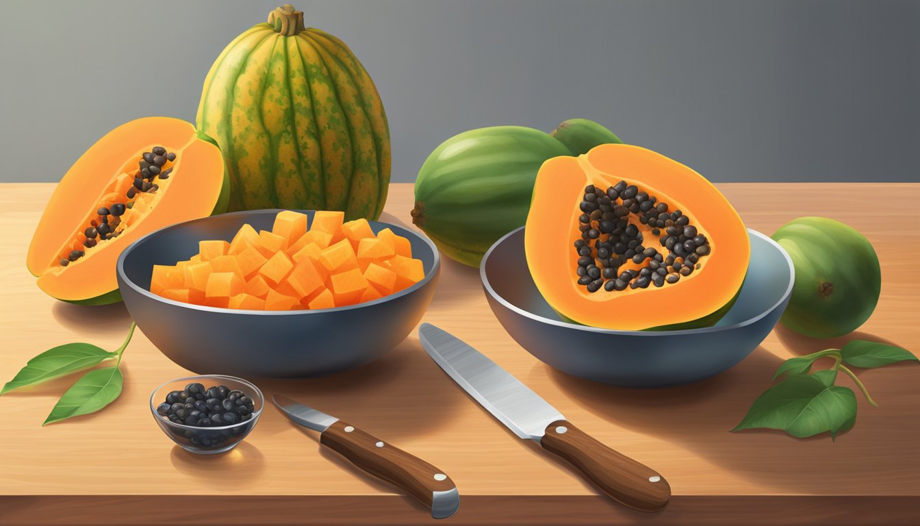 A ripe papaya sits on a wooden cutting board, surrounded by a knife, spoon, and bowl of diced fruit. A glass of papaya juice rests nearby