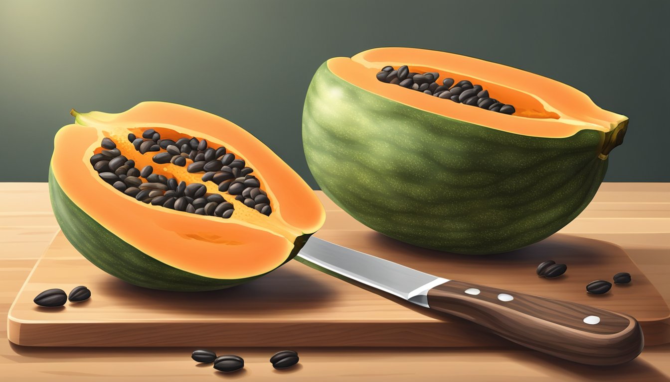 A ripe papaya sits on a wooden cutting board surrounded by a knife and spoon. The papaya is sliced open, revealing its orange flesh and black seeds